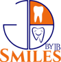 A logo featuring the initials JB above the word Smiles. Inside the top loop of the B is a white tooth with an orange background and inside the lower loop of the B is a smiling tooth.